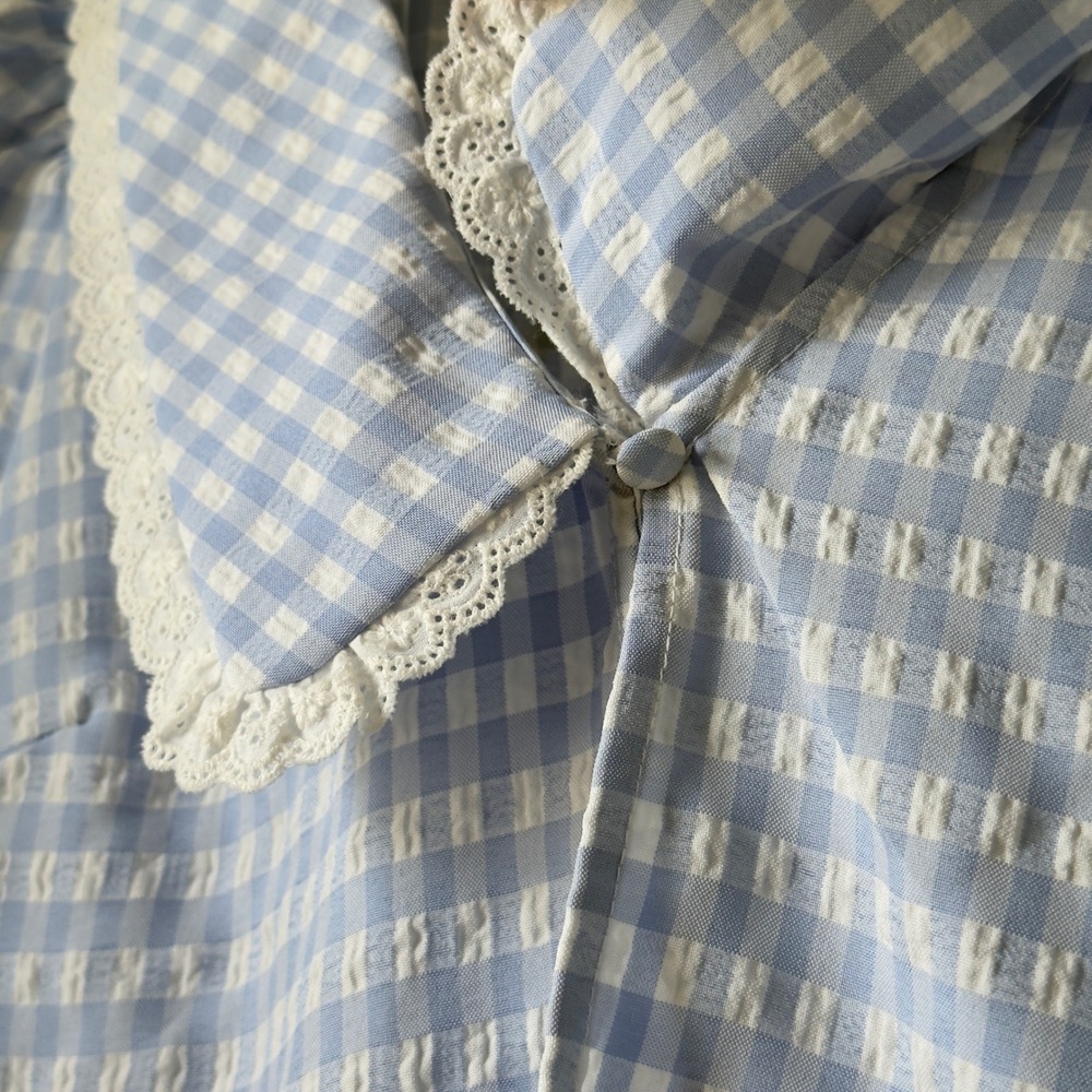 Coquette Blue White Gingham Peter Pan Collar Peplum Puff Sleeve Blouse Large - Picture 9 of 12